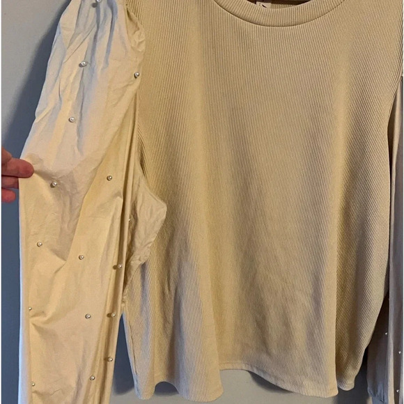 Dolan Puff Sleeve Pearl Embellished Blouse Shirt‎ Tan Crewneck 3X Ribbed - Picture 3 of 6